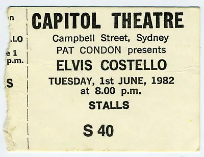 Rare 1982 Elvis Costello Concert Ticket Stub - Capitol Theatre Sydney Australia • $180