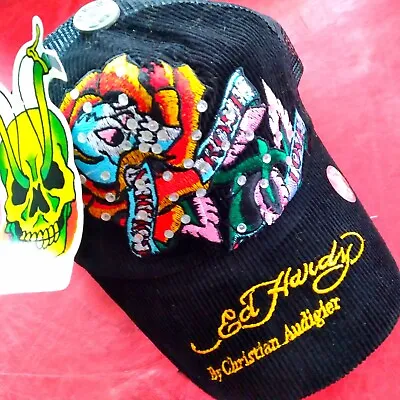 NWT Rare LUSH Jet-Black CORDUROY Ed Hardy GOLDEN ROSE OF LOVE Mesh TRUCKER Hat • $27.50