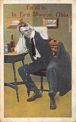 East Monroe Ohio 1914 Comic Postcard  I'm All In  Man W/ Bottle & Ice Pack  • $6.33