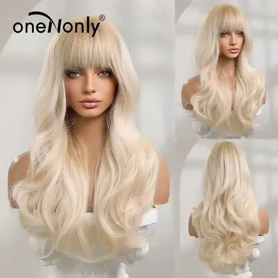 Long Pink Wig With Bangs Wave Heat Resistant Wavy Synthetic Wigs Lolita Cosplay • £45