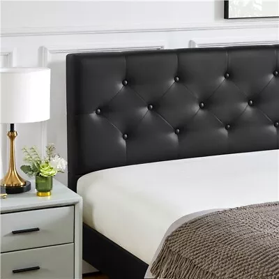 Faux Leather Platform Bed Frame Tufted Upholstered Headboard Wooden Slats Black • $139.99