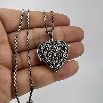 STERLING SILVER 925 HEART Locket Marcasite CHAIN PENDANT NECKLACE 45cm 16.5g • £29.99