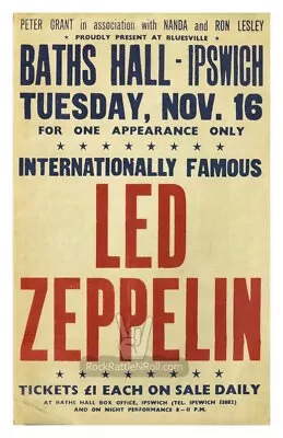 $16.99 • Buy LED ZEPPELIN 1972 BATH HALL CONCERT POSTER 11x17 JIMMY PAGE IPSWICH UK