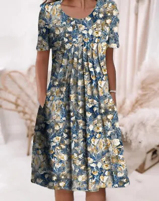 $28.96 • Buy Womens Short Sleeve Floral Midi Dress Ladies Casual Loose Pocket Pleated Dresses
