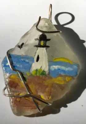 GENUINE Beach Tumbled Glass Silver Tone Wired Hand Painted Lighthouse Pendant • $9.99