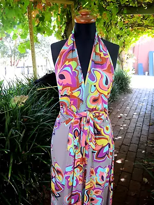 CHARLIE BROWN 1970's 70s Psychedelic HALTERNECK Maxi DRESS RETRO Stretch Size 16 • $29