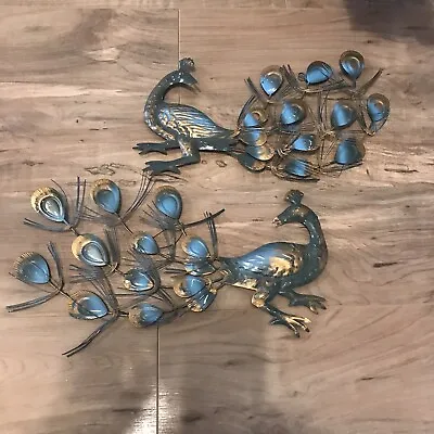 Vintage MCM Rustic Art Metal Peacocks Teal And Gold Made In Hong Kong  • $45