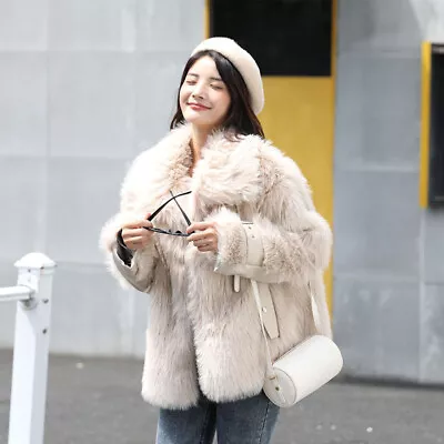 Womens Korean Fashion Faux Fur Buckle Strap Lapel Collar Jacket Winter Warm Coat • $157.65