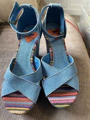 £19.99 • Buy ROCKET DOG Wedges Sandals 6 UK 50s Ditsy PinUp Chunky Shoes Heels Blue Denim