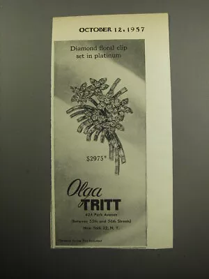 1957 Olga Tritt Jewelry Advertisement - Diamond Floral Clip Set In Platinum • $19.99