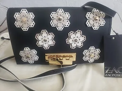 ZAC Zac Posen Earthette Floral Leather Crossbody Bag Black Beige Purse New  • $98