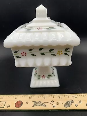 Vintage Milk Glass Wedding Cake Trinket Box Handpainted Flowers Pedestal Lid Jar • $19.95