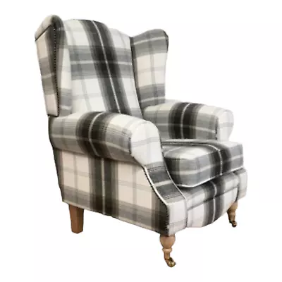 Wing Back Queen Anne Cottage Chair Balmoral Charcoal Tartan Light Wood Legs   • £479