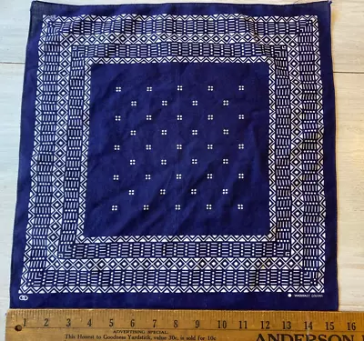 Vintage Indigo Blue 16  Square Bandana WASHFAST Unique Wide Tribal Border COOL • $14.99