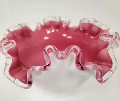 Fenton Milk Glass Pink Lined Ruffled Candy Dish • $15