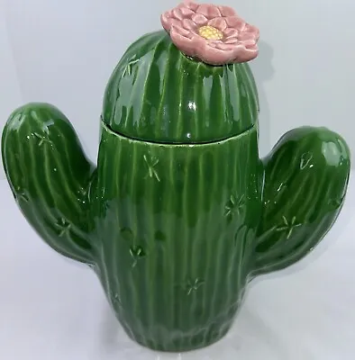 Treasure Craft Green Cactus With Pink Bloom Cookie Jar Canister 12.5  • $59.99