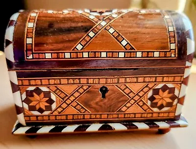 Vtg Moorish Inlaid Fruitwoods & MOP Marquetry Lined Trinket Box With Key 1950s • $75
