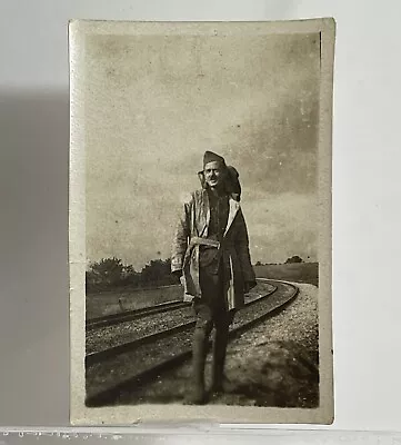 Vintage Photograph Snapshot Black White Photo Military Man France On Train Track • $4.95