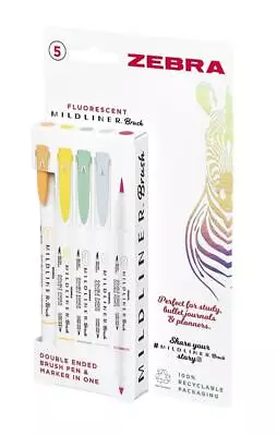 Zebra Mildliner Double Ended Brush Pen Assorted Fluorescent Pack 5 2691 • $24.98