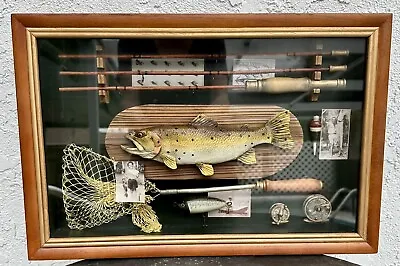 Fishing Wood Glass Framed Shadow Box Wall Hanging Vtg 18.25” X 12” X 2.5” • $19.79