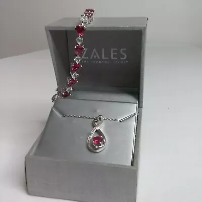 Zales Lab-Created Ruby Jewelry Set Heart-Shaped Line Bracelet Infinity Pendant • $269