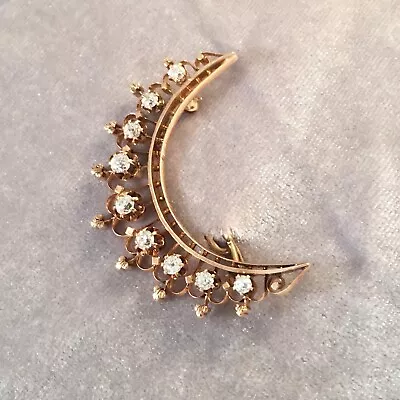 CRESCENT MOON DIAMOND BROOCH Vintage 14 Kt Yellow Gold Antique Lapel Pin G1458 • $1800