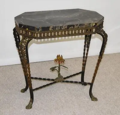 Vintage Italian Marble Top & Iron Side Table Circa 1920's Applied Floral Detail • $850