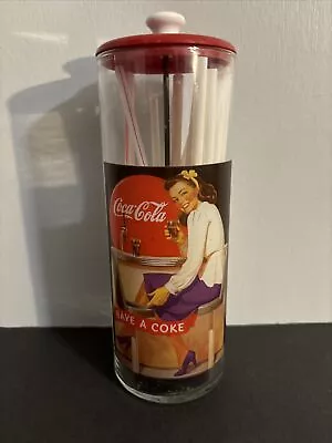 Vintage Coca Cola Glass Holder Straw Dispenser 1980's Red White & Clear • $25