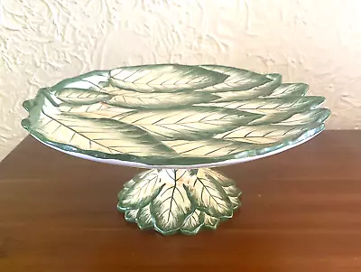 Vintage Made In Italy Green And Yellow Leaves 11” Diameter Footed Cake Stand • $29.99