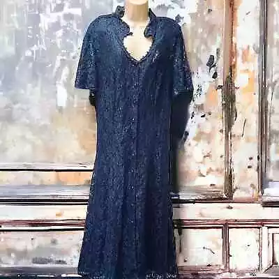  Vintage 90’s Navy Blue Stretch Lace Dress Keyhole With Corset Back Size XL OSFM • $34.99