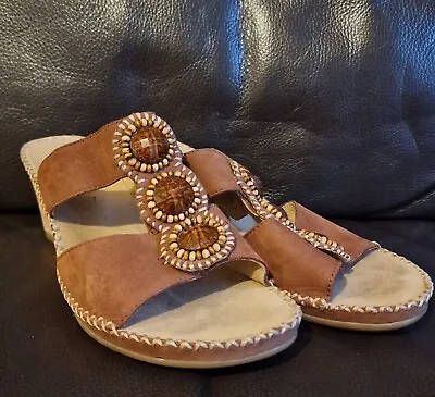 GABOR Ladies Brown Leather Wedge Sandals Size Uk 7 • £12.99