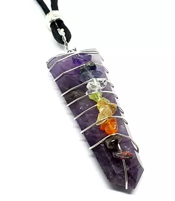 Amethyst Pendant Necklace 7 Chakra Wire Wrapped Gemstone Beaded  Cord Jewellery • £9.95