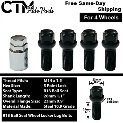 4x Black 14x1.5 Ball Seat Wheel Lock Bolt 28mm Shank Fit Volkswagen Stock Wheel • $20.99