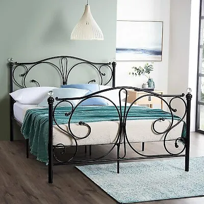 Metal Bed Frame With Crystals Black Or White Bed Frame 4FT Double King Mattress • £94.99