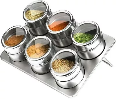 6 Pc Magnetic Herb Spice Kitchen Rack Tin Stainless Steel Jar With Holder Stand • £7.99