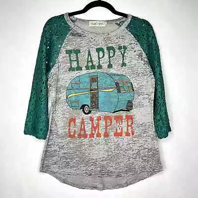 Southern Grace Women's Happy Camper Lace-Sleeved Shirt Size Large Green/Gray • £15.57