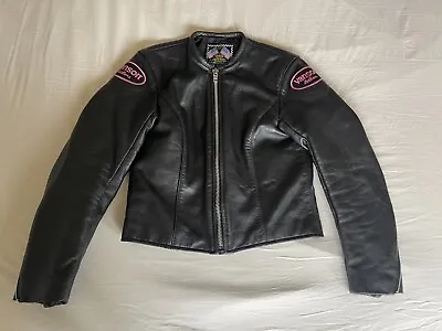 Womens Vanson Leather Motorcycle Jacket Size 10 US/46 Italy W/ Pink Logo Patches • $250
