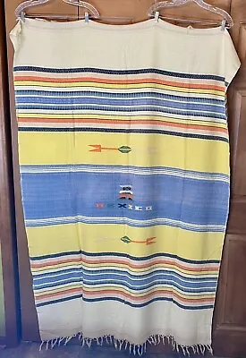 Vintage Mexican Woven Blanket Tapestry Serape Striped W Folk Art Figure Tasseled • $63.75