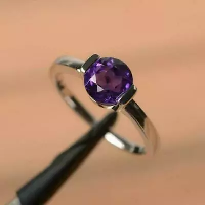 $45.99 • Buy 1Ct Round Cut Purple Amethyst Solitaire Lab Created Ring 14K Gold Plated Silver