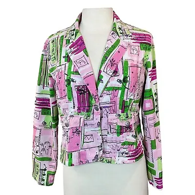 SOHO Clothing Company Pink Green Jacket Island Cityscape Images Sequin Accents M • $40.99
