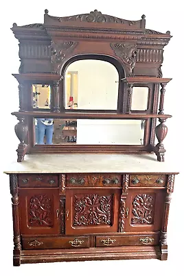 RJ HORNER WINGED GRIFFIN Mahogany & Tiger Oak SIDEBOARD HUTCH BAR Buffet Server • $2495