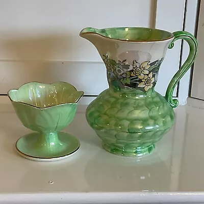 Collectors Piece: Maling Vase And Bowl In Victoria Green Lustre Flower Design • £39.50