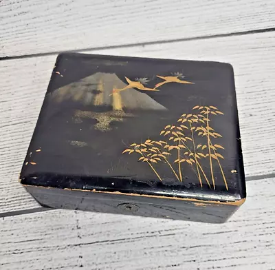 Vintage Asian Black Lacquer Trinket Jewelry Box Mountain Scene 7 X6  • $14.99