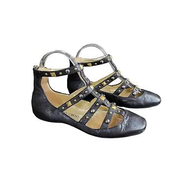 Jimmy Choo Womens Greek Sandals Black Leather Solid Studded Flat Heel Zip 35 • $124