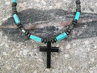 Mens Womens Magnetic Hematite 2 Sided Cross Turquoise Pendant Necklace Therapy • $48.99