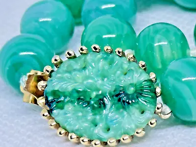 $149.99 • Buy Vintage Joseph Mazer Green Peking Jade Glass Carved Clasp Necklace Signed
