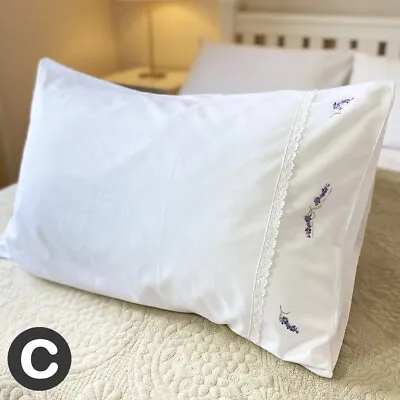 Luxury Cotton White Embroidered Lavender Flower Lace Pillowcase Cover • £9.95