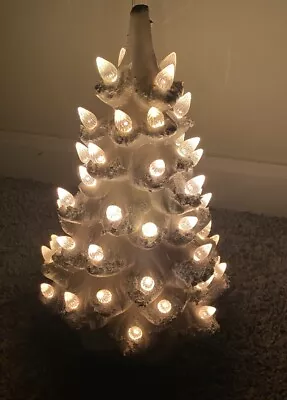 1970s VINTAGE WHITE 11 1/2 In TALL CERAMIC LIGHT UP CHRISTMAS TREE Base Included • $70