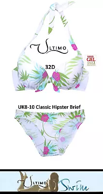 Ultimo Tropical Flowers Liquid Gel Padded Push-up Halter Bikini 32D 8-10 Brief • £36