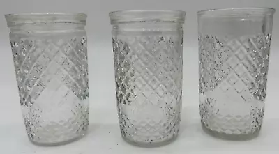 3 Clear VINTAGE Jelly Jar Glasses Diamond Pattern 3.75  X 2.25  • $7.65